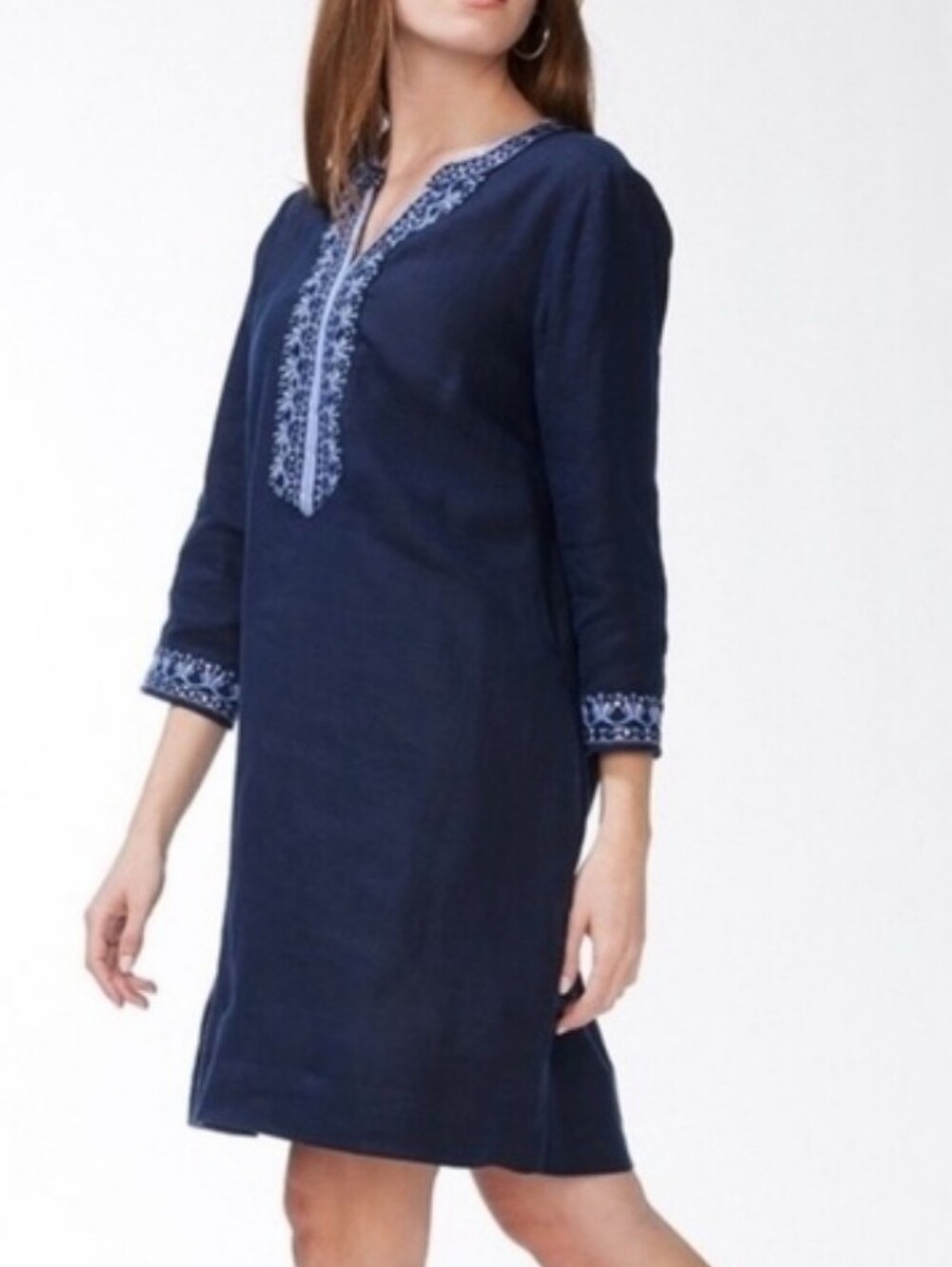 Chico's Navy Blue Embroidered Beaded Linen Tunic Dress Boho Size 1 US 8 Pockets
